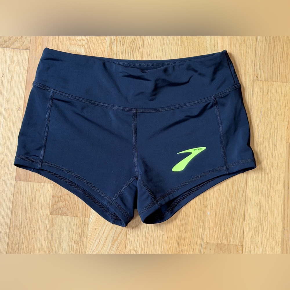 Brooks Navy Blue Compression Running Shorts with Neon Green Logo